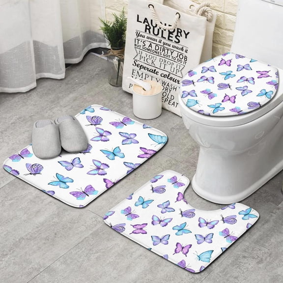 Purple Blue Butterfly Pattern Bathroom Rugs Sets 3 Piece,Toilet Cover Set,Absorbent Non Slip Bathroom Mats Sets with U-Shaped Contour Rug Toilet Rug Set