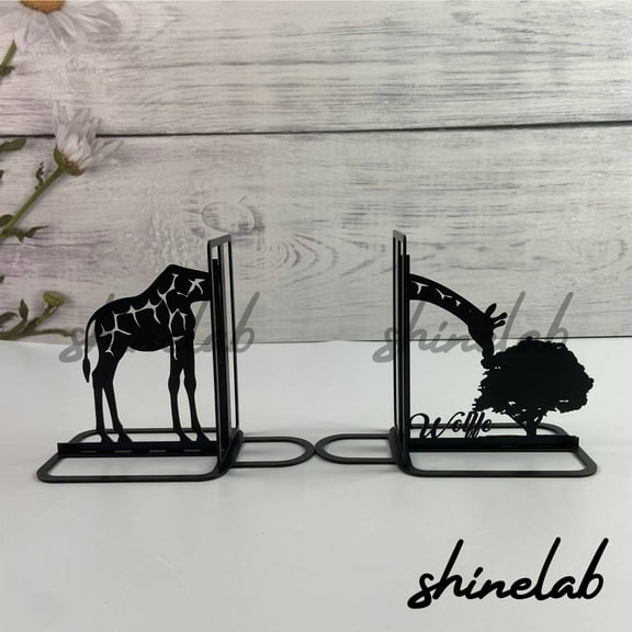 Shinelab Grazing Giraffe Metal Bookends Custom Pet Giraffe Name Bookend Gift, Animal Desk Bookshelf Decor 6305