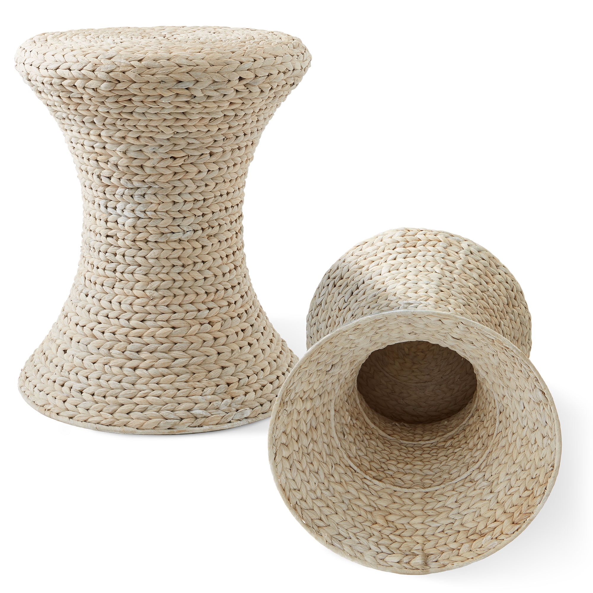 Casafield Hourglass Side Table - Whitewash White, Handwoven Water Hyacinth, Boho Wicker End Table for Bedroom, Entryway, Living Room, Office