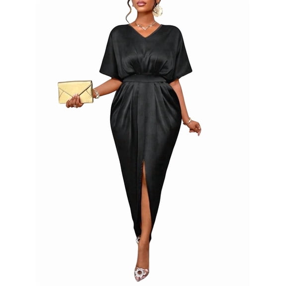 Women'S Satin Silky Long Sleeve V Neck Lace Up High Waist Side Split Maxi Dress Black L