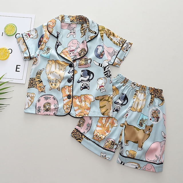 Pijama Honeeladyy informal para niños, con estampado de botones, manga corta, cuello vuelto y pantalones cortos, para uso diario (verde, 3-4 años)