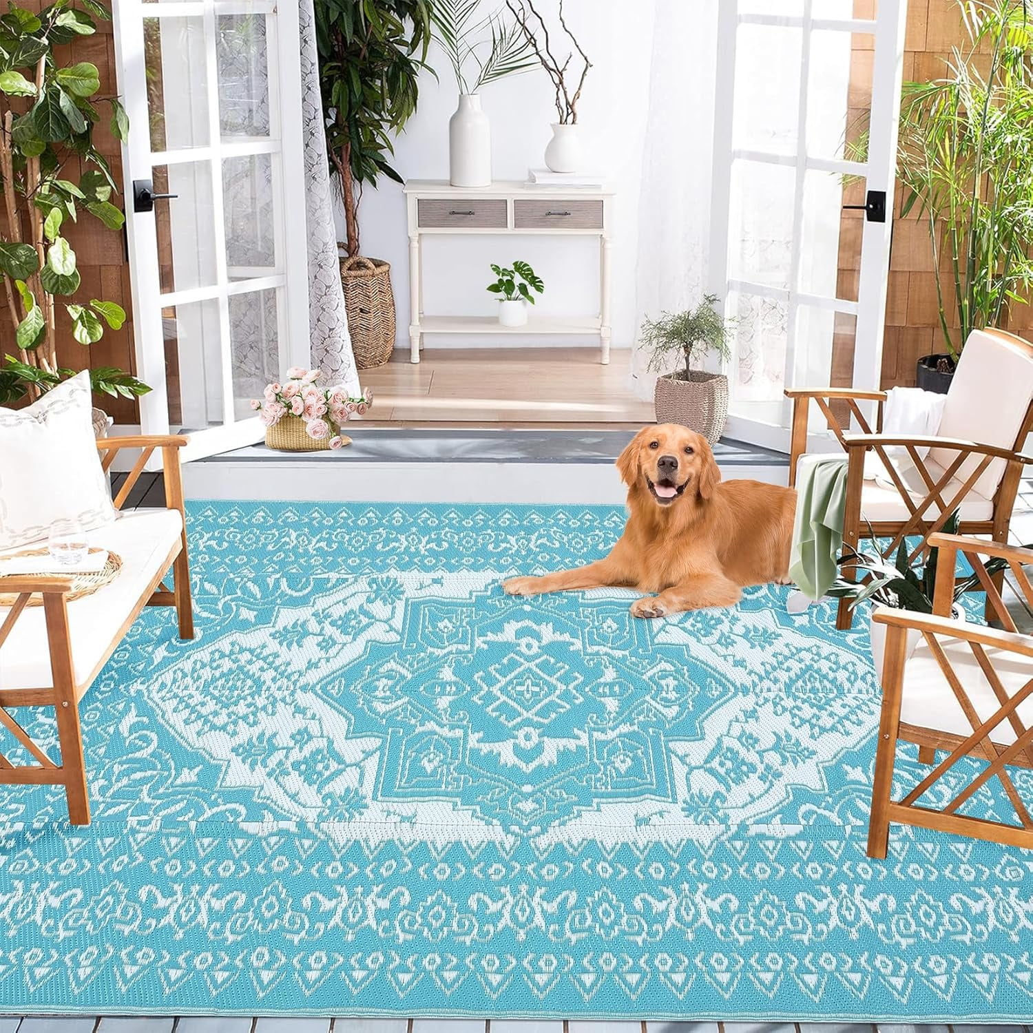 Riedhoff Outdoor Rug 10' X 8', Reversible, Foldable, Light Blue & White Patterned