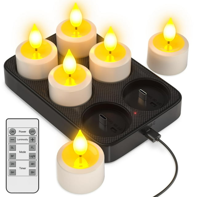 Paquete de 6 velas recargables sin llama Yme con control remoto y base