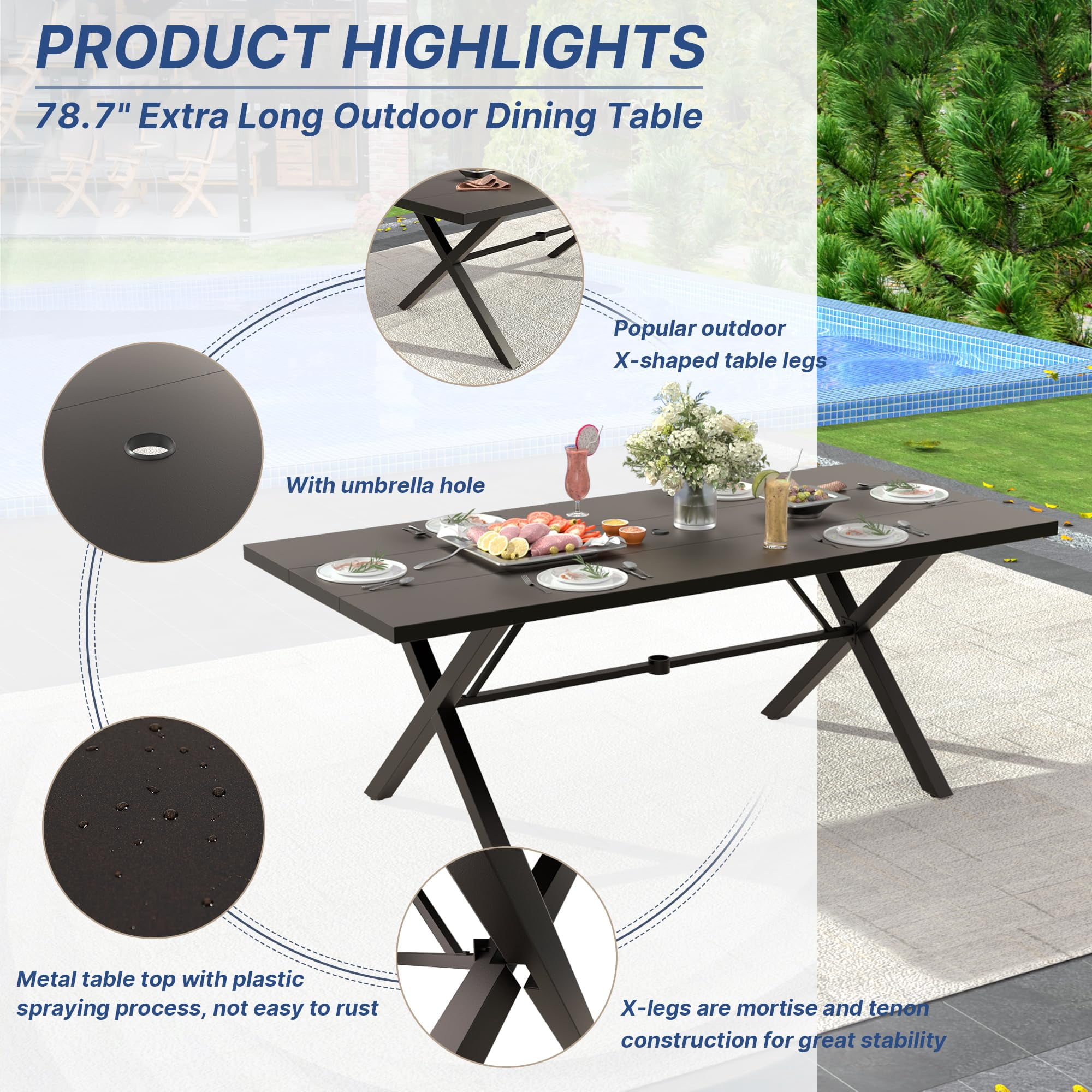 ALAULM 8 Piece Patio Dining Set w/14FT Umbrella, Metal Outdoor Furniture Set w/Rectangular table, 8 Fixed Chairs and Removable Cushions for Patio, Backyard, Garden, Poolside（Grey）