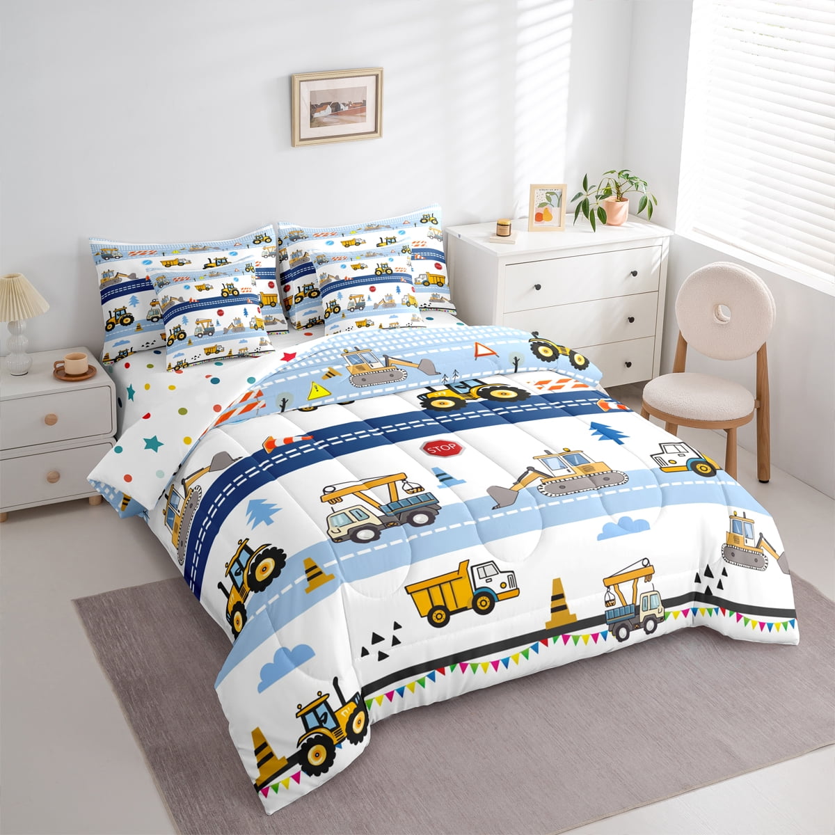 Homewish Cartoon Excavator Bulldozer 7-Piece Twin Bedding Sets,Construction Vehicles Bedding Comforter Set,Blue White Yellow Sheet Sets For Boys Kids,Super Cozy Room Decor Reversible