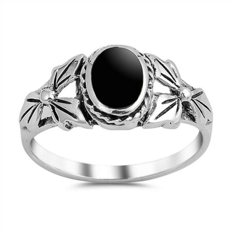 925 Sterling Silver Leaf Ring - CHOOSE YOUR COLOR Simulated Black Onyx Flower Leaf Cutout Ring New .925 Sterling Silver Band