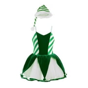 ZDHoor Girls Christmas Candy Cane Costume Ballerina Sleeveless Cami Straps Santa Elf Leotard Dance Dress Green-A 12