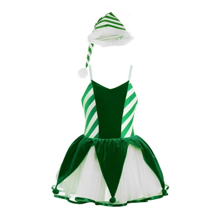 ZDHoor Girls Christmas Candy Cane Costume Ballerina Sleeveless Cami Straps Santa Elf Leotard Dance Dress Green-A 12