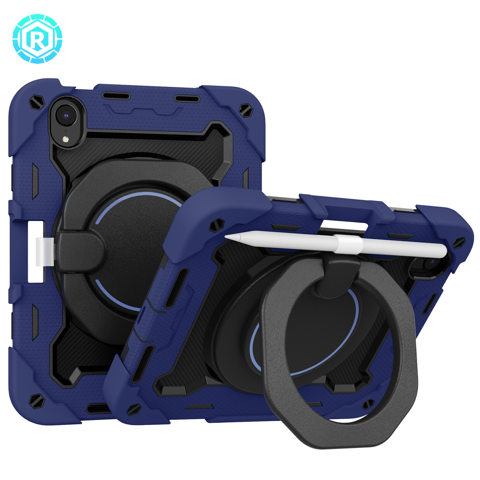 3-in-1 Case for Apple iPad Mini 2021 (8.3 Inch, 6th Generation) Tablet - Shockproof Drop Proof Rugged Cover, Built-in Pencil Holder /Kickstand /Handle, Protective Hard Shell (Dark Blue)