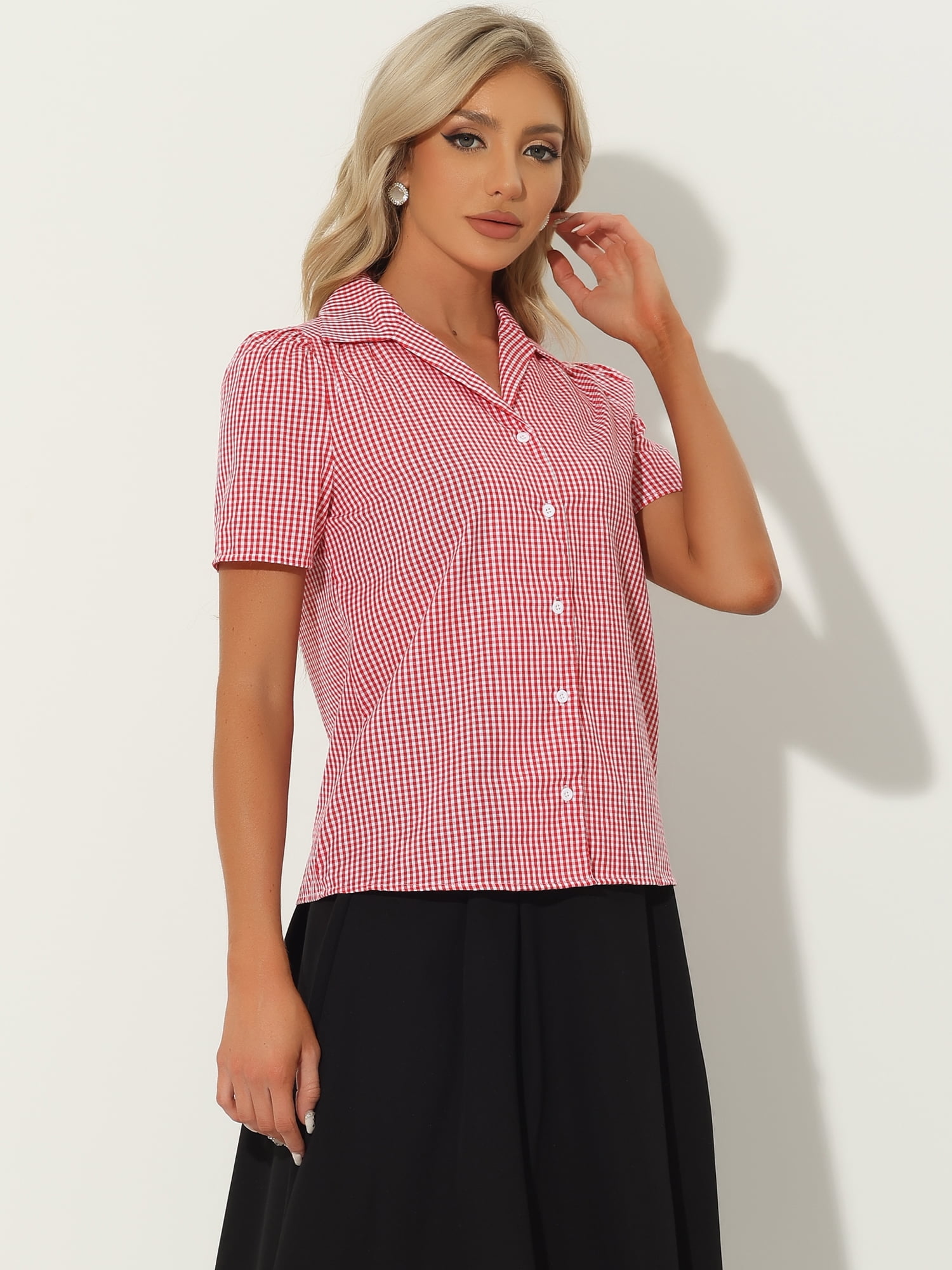 Unique Bargains Women's Plaid Shirt Puff Sleeves Vintage Summer Gingham Blouse L Red
