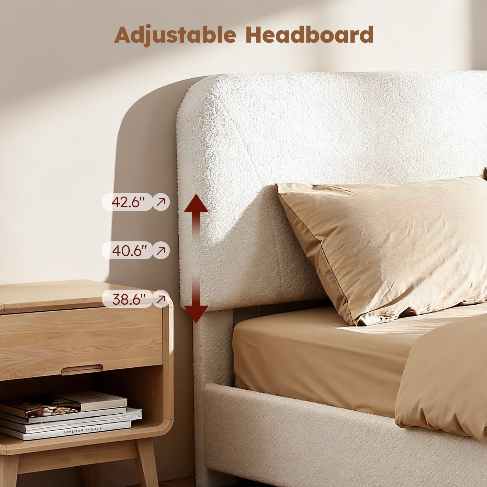 BERRY NEST Boucle Queen Size Bed Frame - Upholstered Bed Frame with Adjustable Headboard, Solid Wood Legs, Rounded Corners, Easy Assembly, Marshmallow BedFrame, Cream