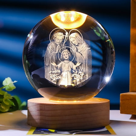 

Led Lights for Bedroom Crystal Ball Night Light Engraved Holy Family Figurine Statue With Wooden Stand Color Changing Light Glass Religious Collection Catholic Church Room Decor