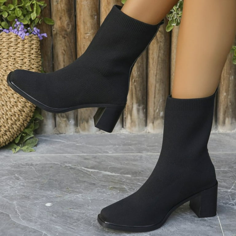 Black seule sock ankle boots low heel