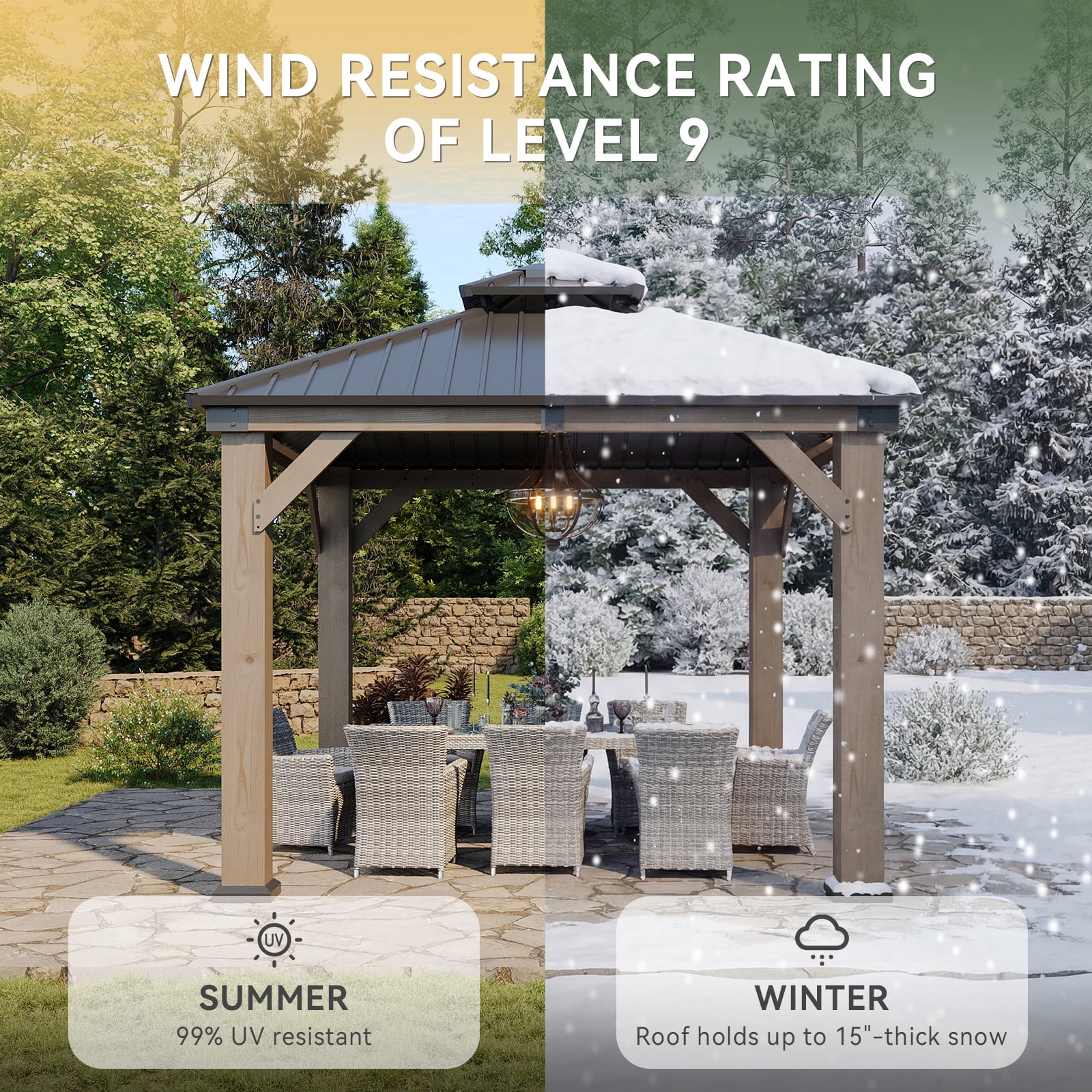 Dateyes 10' x 10' Outdoor Wood Gazebo, Hardtop Gazebo Permanent Wooden Pavilion with Galvanized Steel Double Roof, for Patio, Garden, Deck, Cedar Wood