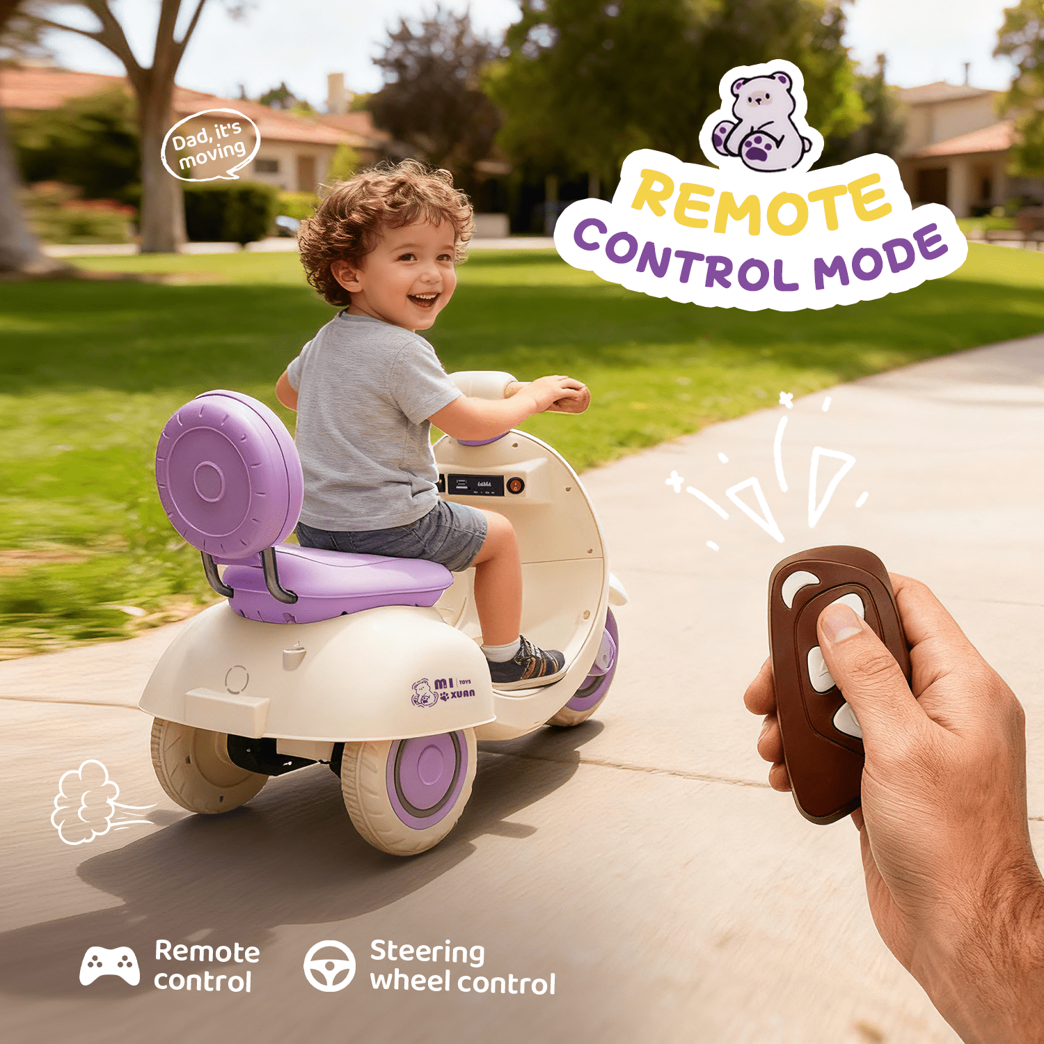 Track Seven 12V Ride on Motorcycle, 3-Wheel Toddler Electrc Scooter with Remote Control, Bluetooth, Wide Seat, Wooden Handle, Slow Start, Electric Motorycle for Boys Girls Aged 1-3 Years, Purple