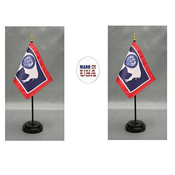 Made in the USA. 2 Wyoming 4"x6" Miniature Desk & Table Flags Includes 2 Flag Stands & 2 Wyoming State Small Mini Stick Flags
