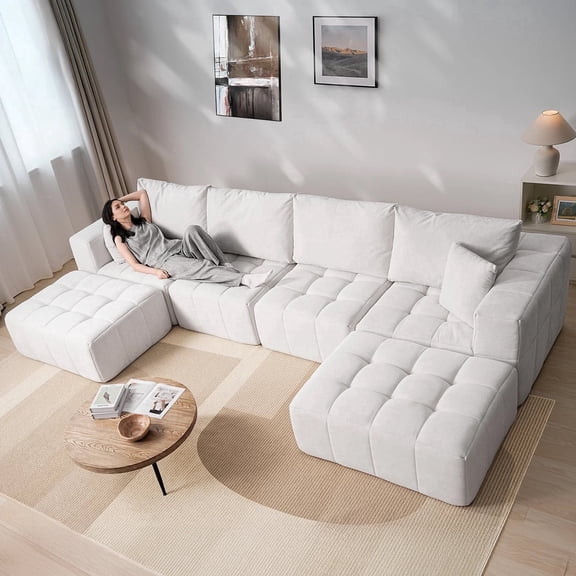 146" Oversized U-Shaped Modular Cloud Sectional Boneless Sofa for Living Room, No Assembly, White