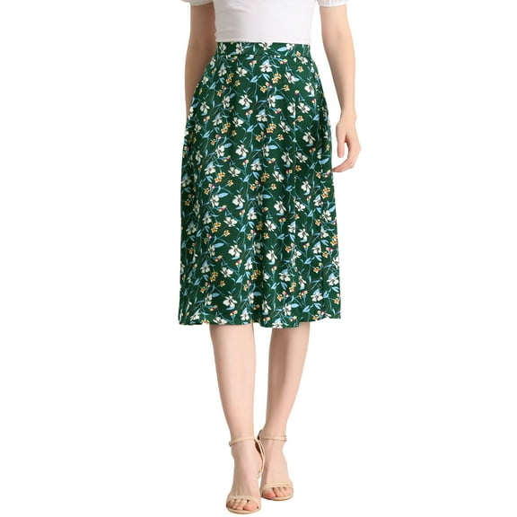 INSPIRE CHIC Women's High Waisted Split Hem A-Line Floral Skirt S Satin Green