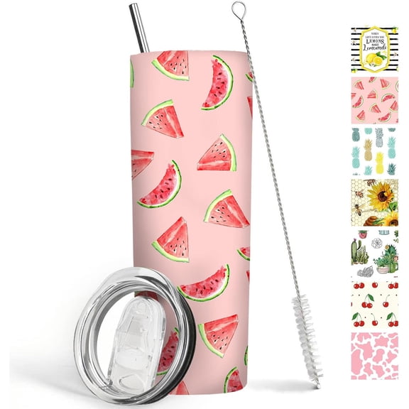 Watermelon Tumbler 20 oz Travel Coffee Mug Skinny Tumblers with Lid and Straw Stainless Steel Insulated Coffee Cups Watermelon Lovers Gifts for Women Girls