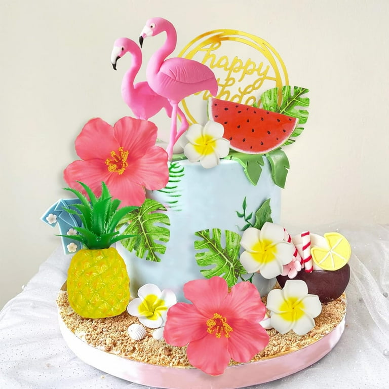 Gold Glitter "Aloha 50" Cake Topper – Hawaiian Tropical 50th Birthday Decor With Palm Leaves & Flamingo, Luau Party Supplies