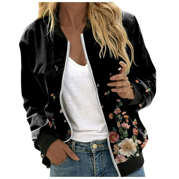 Futezty Bomber Jacket Women Causal Floral Zip Up Coats Long Sleeve Stand Collar Fall Jackets Lightweight Outerwear Tops