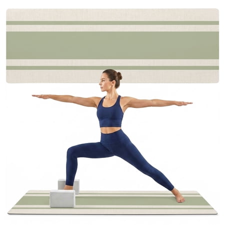 Yoga Mat Sage Green Stripe Lines Yoga Mats with Strap & Shortage Bag Non Slip Workout Mats Absorbent Cushion Pad Linen Striped Exercise Mat for Yoga Pilates Stretching Home Gym 68 x24