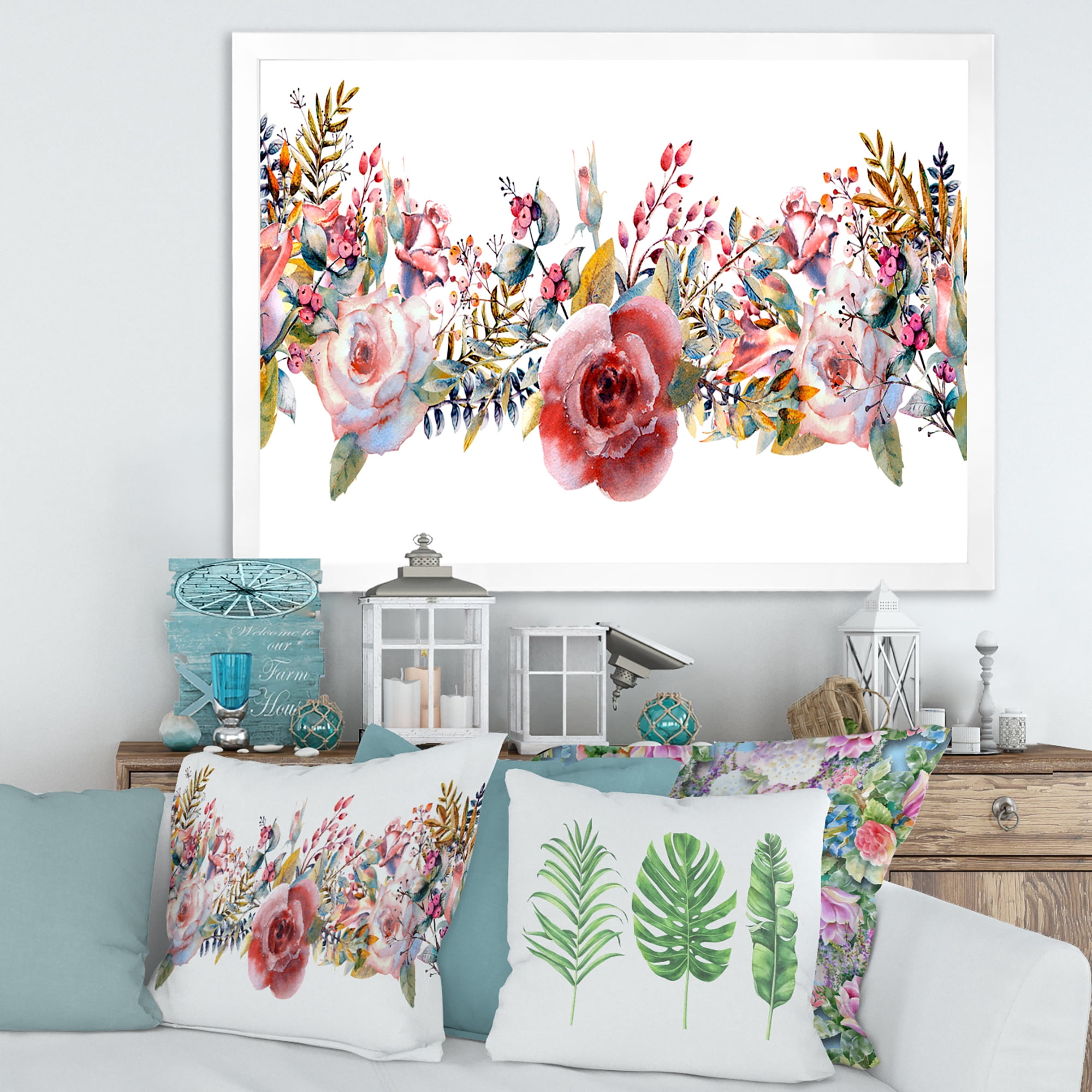 Designart 'Wildflower and Pink Roses' Farmhouse Framed Art Print