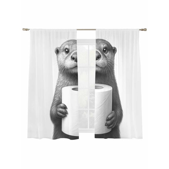 Cute Animal Sheer Curtains 2 Panels Set Vintage Funny Black White Cute Otters with Toilet Paper in Hand Sheer Window Curtains Light Filtering Rod Pocket Voile Drapes for Bedroom Living Room 52"X72"