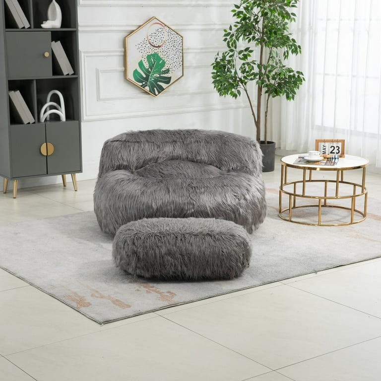 Plush Bean Bag Chair High Back Lazy Sofa Couch with Footstool and Metal base Comfy Round Lounger with Armrests for Adults and Kids Indoor