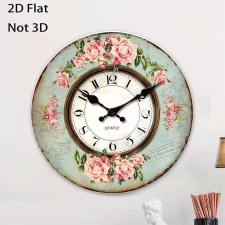 2D Flat Wooden Wall Clock,A Light Wall Clock Designed with Vintage Romantic Pink Roses,Silent Quartz Movement, Suitable for Living Rooms, Bedrooms - AA Battery Not Included