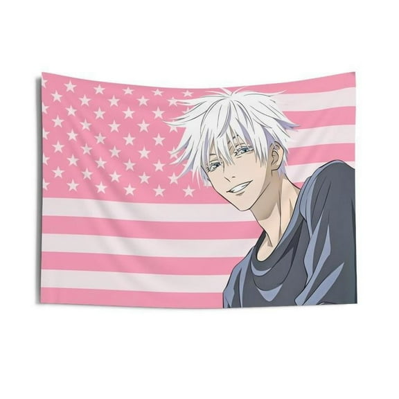 Pink anime Gojo Tapestry, Fun Anime JJk Wall Decor, Durable Polyester Wall Hanging