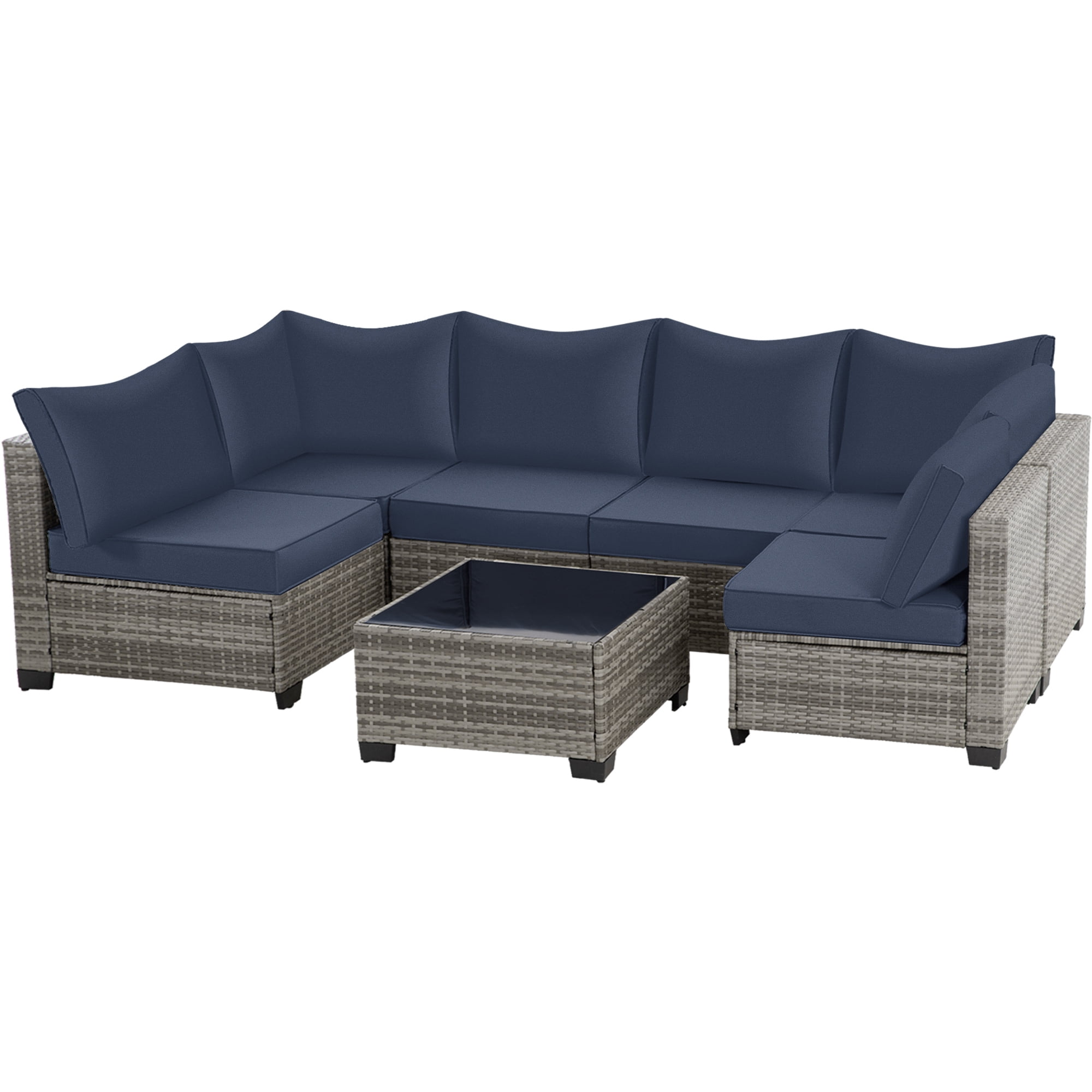 7-Piece Patio Furniture Set with Glass Coffee Table, All-Weather Wicker Rattan Outdoor Sectional Sofa with Thick Cushions, Modular Patio Conversation Set for Backyard, Poolside & Garden