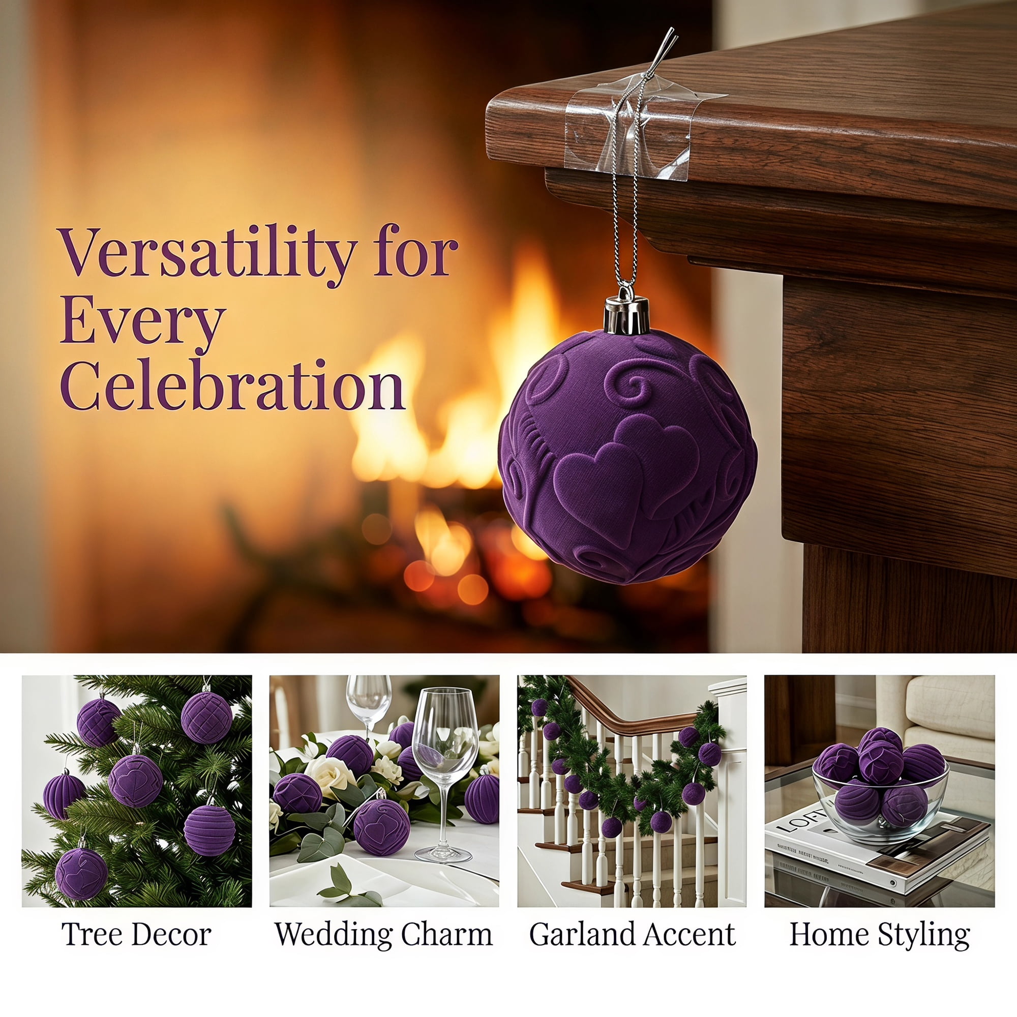 Unique Bargains Velvet Christmas 12 Pack Flocked Sphere Orbs Luxury Ornaments Purple 2.4"
