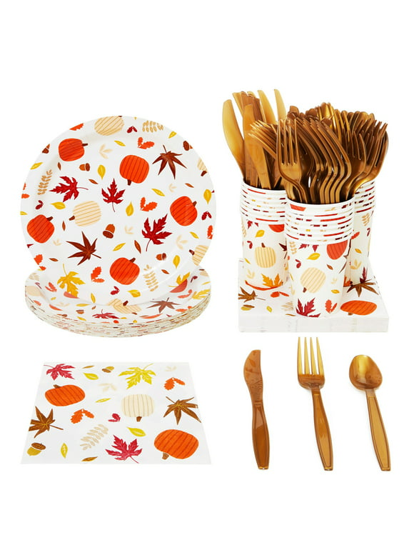Autumn Paper Plates and Napkins, Cups, Cutlery for Thanksgiving, Fall Party Supplies (Serves 24, 144 Pieces)