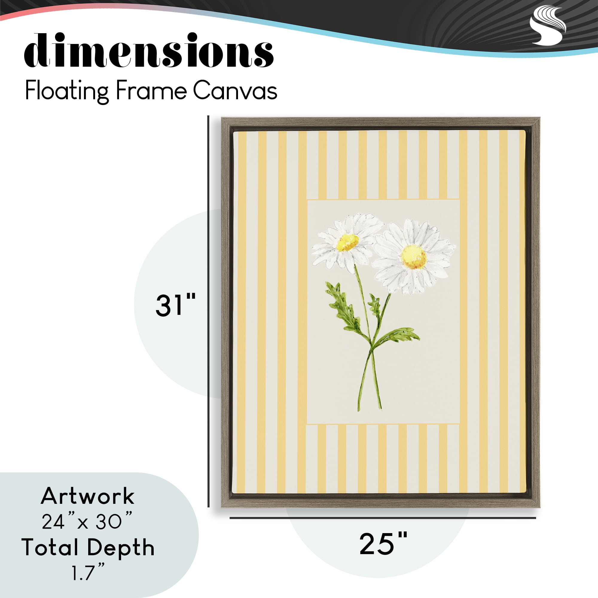 Yellow Stripe Daisy Brown Framed Floater Canvas Wall Art, design by Lisa Wehmeyer