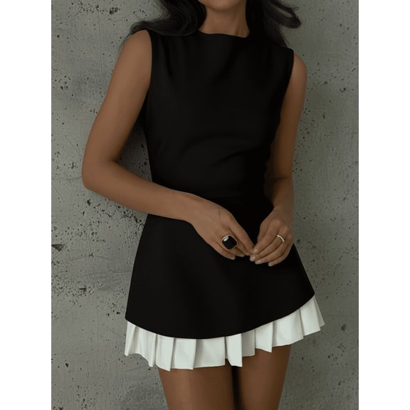Black And White Sleeveless Round Neck Fit & Flare Mini Dress With Ruffle Hem