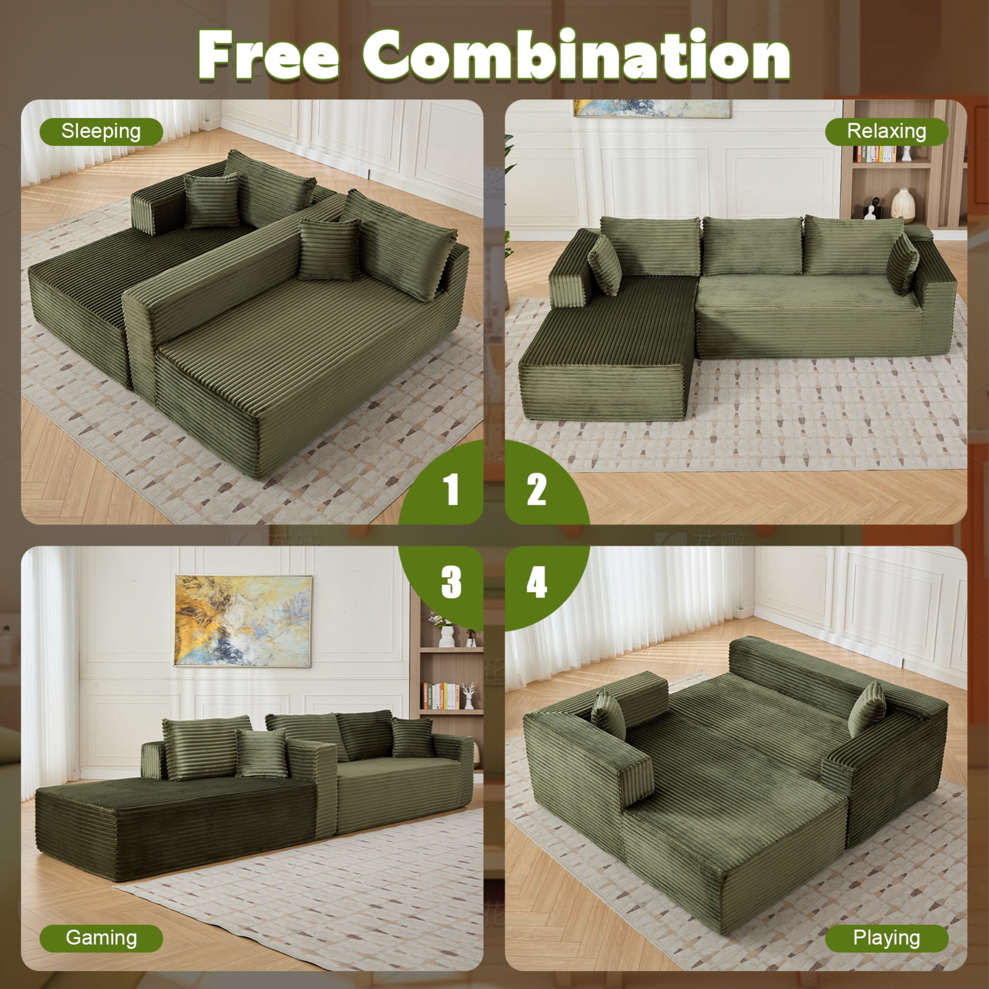 Leumius L-Shape Sectional Sofa Couch with Comfy Chaise,Corduroy Sleeper Sofa Couches, Green