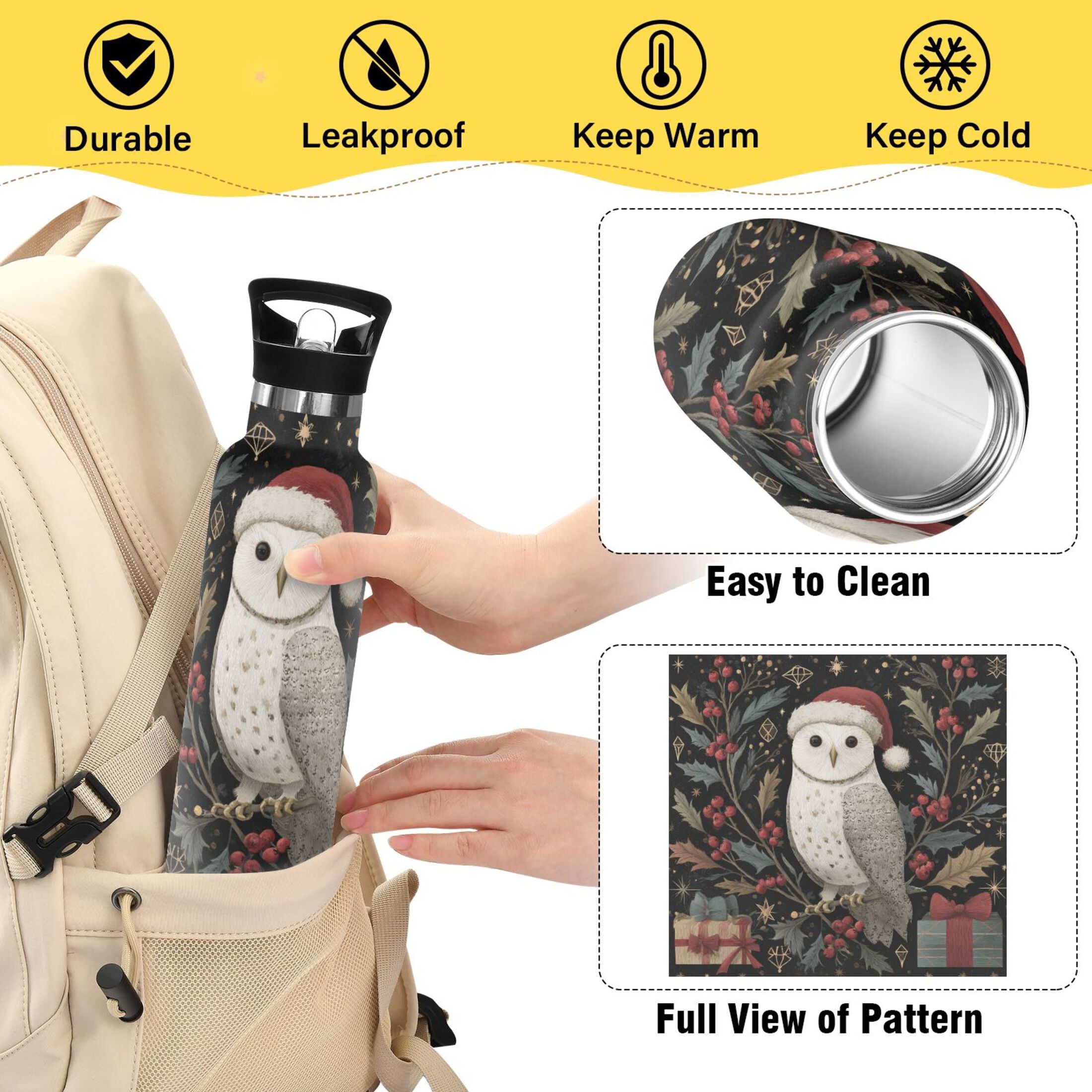 600ML Stainless Steel Insulated Cup Sports Water Bottle Portable Thermos Cup Water Glasses Insulated Tumblers Convenient and Durable Magical Christmas Cute Owl