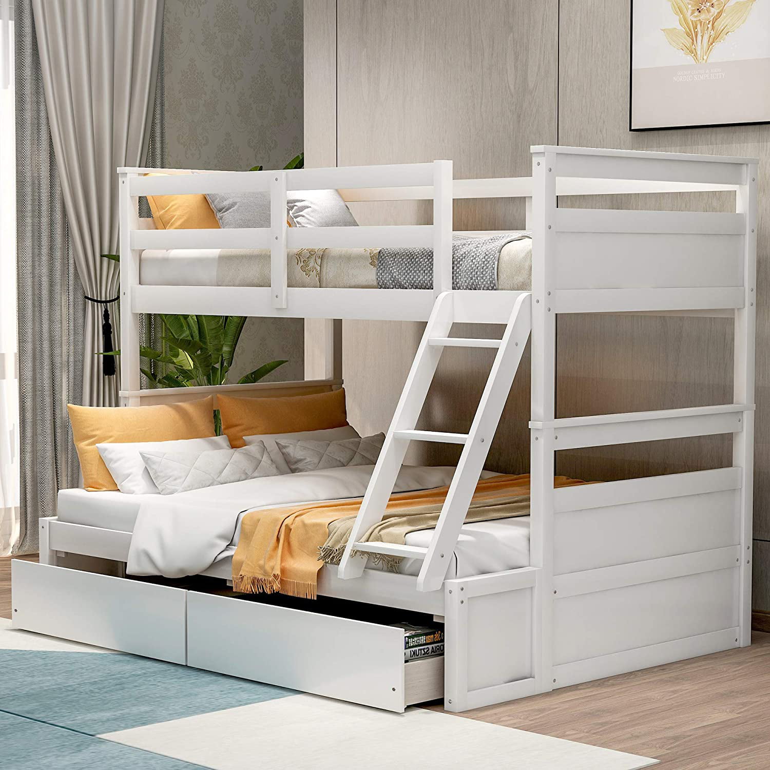 Twin Over Full Bunk Bed With Ladders, Twin Over Full Bunk Bed With Storage Ladder