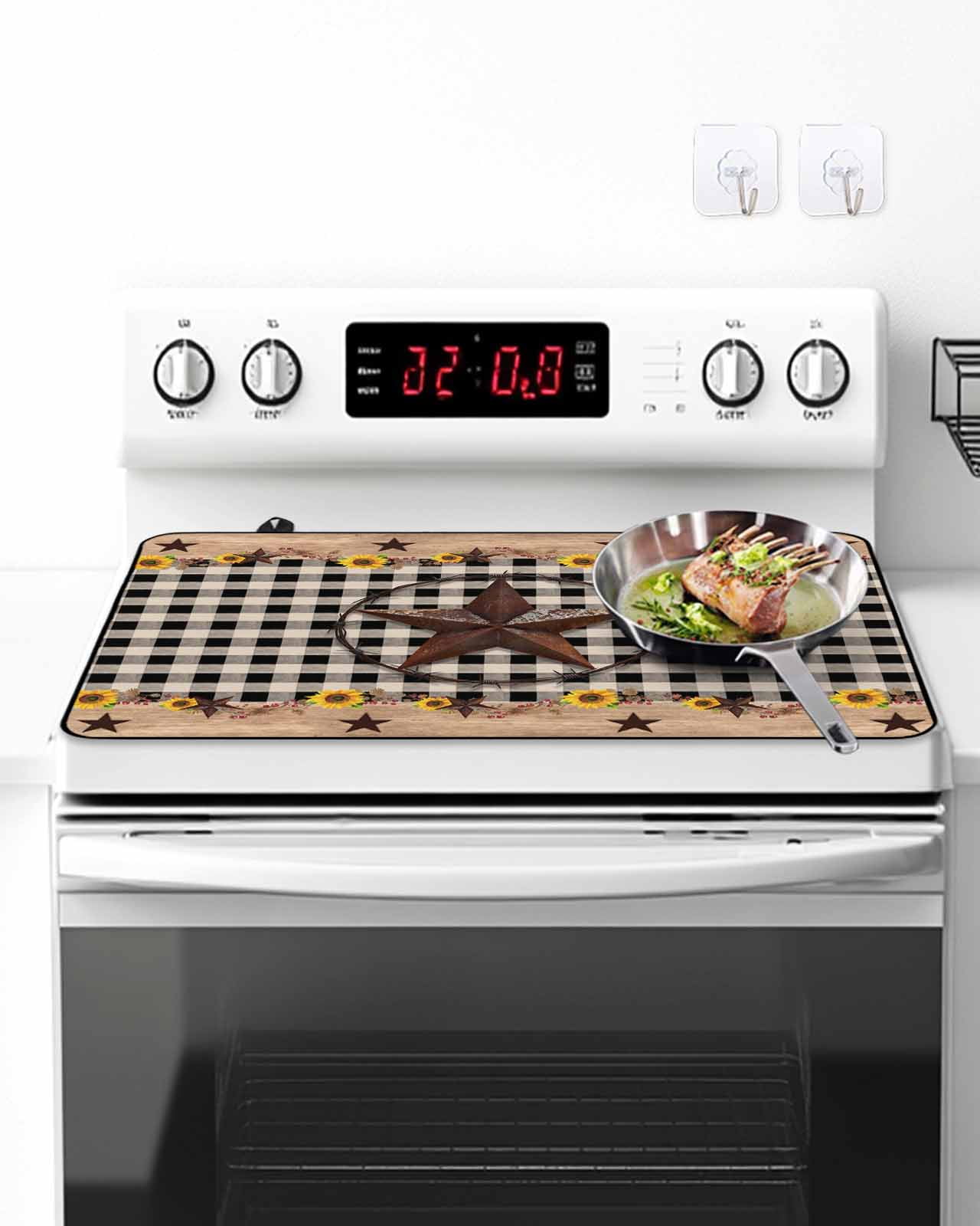Stove Top Covers for Electric Stove, Texas Star Glass Stovetop Cover Protector, Farmhouse Country Sunflower Black Plaid Induction Cooktop Protector Oven Mat for Kitchen Countertop 24"x21"