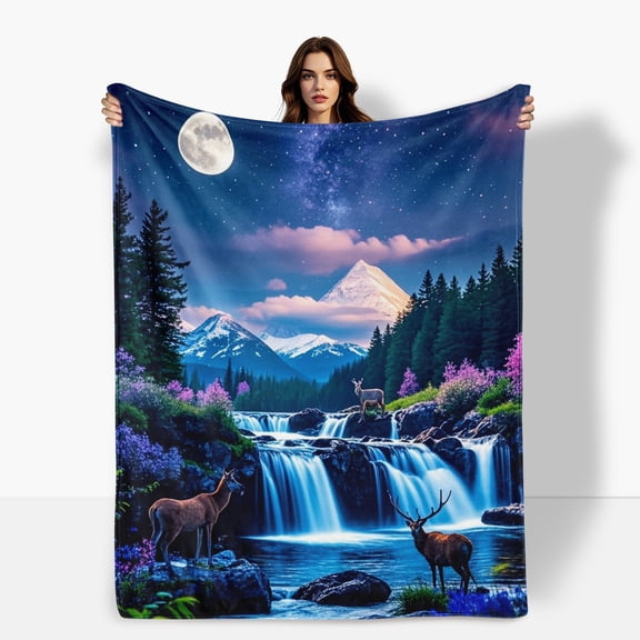 Night Scene Waterfall Deer Trees Cozy Flannel Blanket For Sofa Bed Travel Camping Living Room Office Chair Soft Warm Comfortable Polyester Gift For Family Or Friends