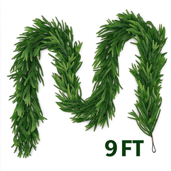 Artificial Norfolk Pine Christmas Garland, 9FT Real Touch Faux Evergreen Vine, Dense 80-90 Tips Soft, Pine Winter Greenery Garland for Mantel, Staircase, Fireplace, Indoor Outdoor Xmas Holiday Decor