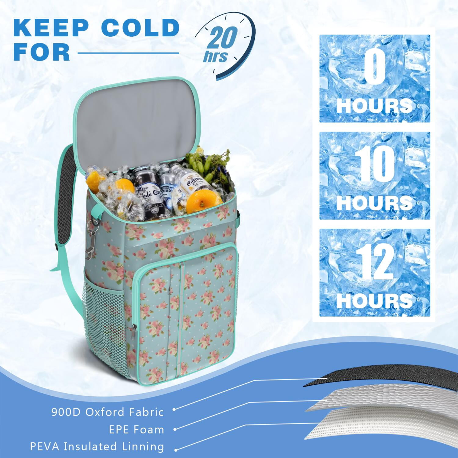 Travel Cooler Bag - Pioneer Flower Floral Print Pattern Camping Beer Cooler Backpack with Bottle Opener- Waterproof Insulated Picnic Backpacks - Cooler Bag for Beach