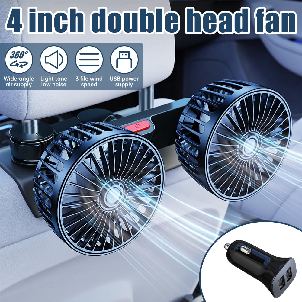 4 Inch Dual Head Car Fan with 3 Speeds, 360° Rotatable USB Car Cooling Fan with Dual USB Car Charger for Back Seat Passenger Kids Pets