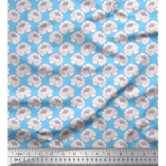 Soimoi Blue Poly Georgette Fabric Peony Floral Print Fabric by the Yard 42 Inch Wide