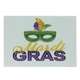 thumbnail image 1 of Mardi Gras Cutting Board, Calligraphy and Typography Carnival with Feathers Print, Decorative Tempered Glass Cutting and Serving Board, Small Size, Green Marigold Purple, by Ambesonne, 1 of 1