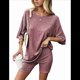 thumbnail image 2 of Pijama de 2 Piezas para Mujer, de Punto Acanalado, con Camiseta y Pantalones Cortos A Juego, Ropa de Dormir, Vino Tinto, Talla L, 2 of 7