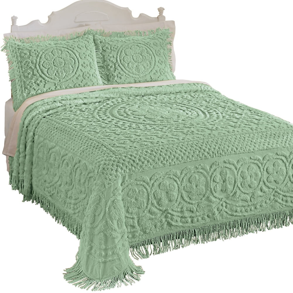 Calista Chenille Lightweight Bedspread with Fringe Border, King, Sage