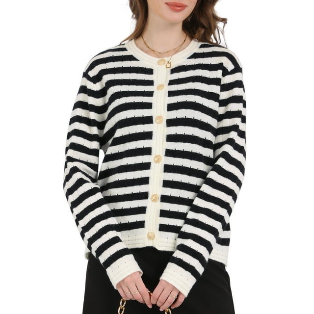 INSPIRE CHIC Women's Striped Cardigan Sweaters Casual Long Sleeve Ribbed Knit Jacket L Black