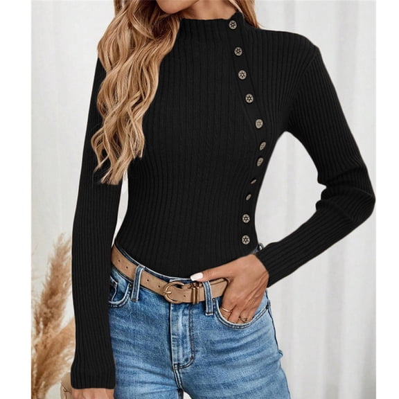 Women's Mock Turtleneck Long Sleeve Shirts Ribbed Knit Lightweight Pullover Sweater Stretch Fitted Thermal Top Black S